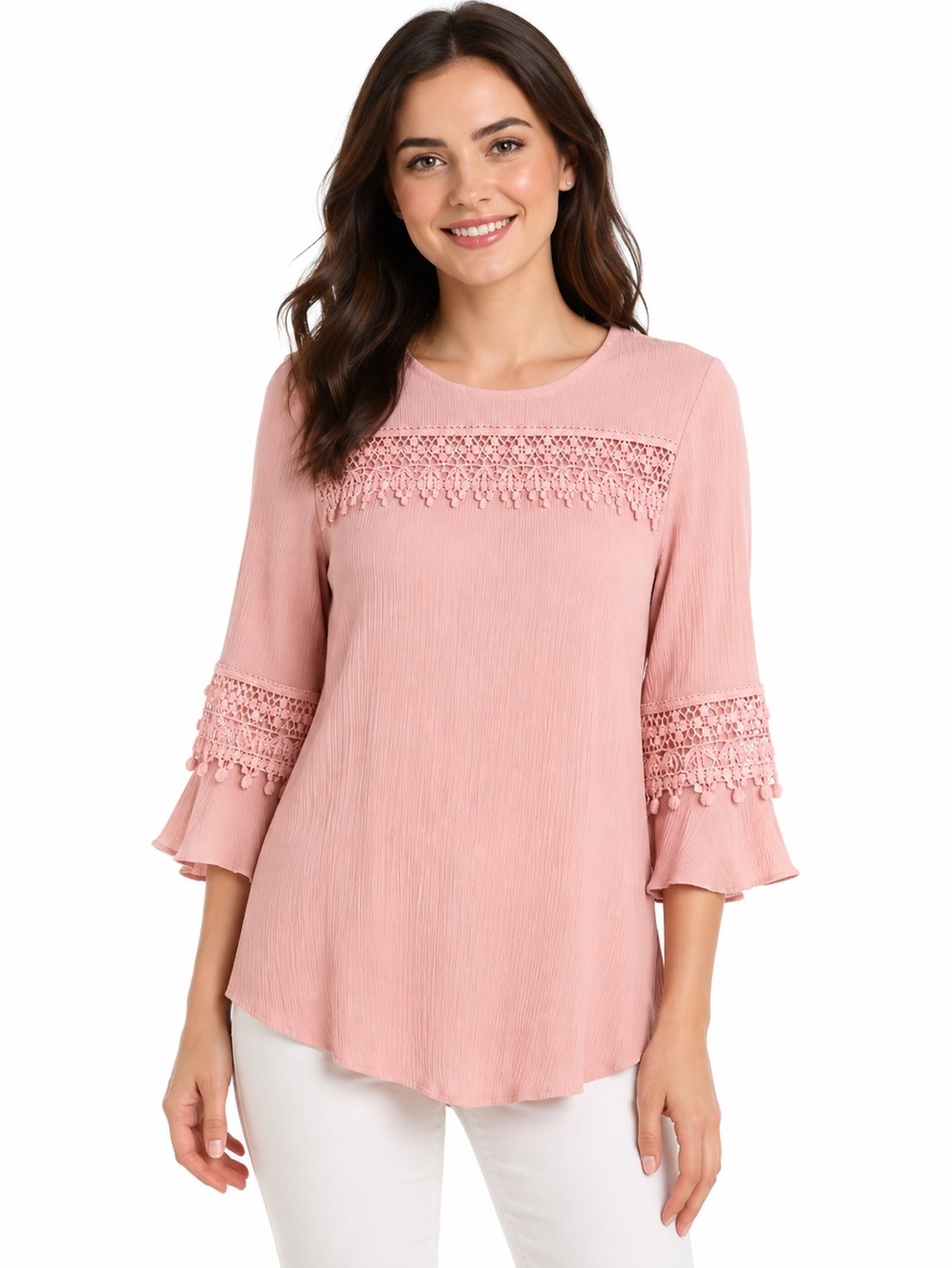 Made in Turkey, Crochet top ruffle edge bell sleeves feminine peach top Size M